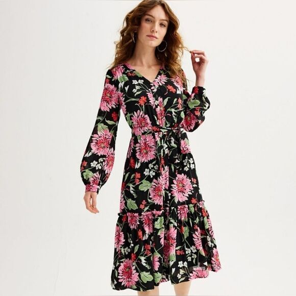 DRAPER JAMES RSVP Long Sleeve Tiered Midi Dress Black Floral - Size X-Small - Picture 1 of 11